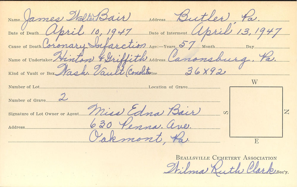 James Walter Bair burial card